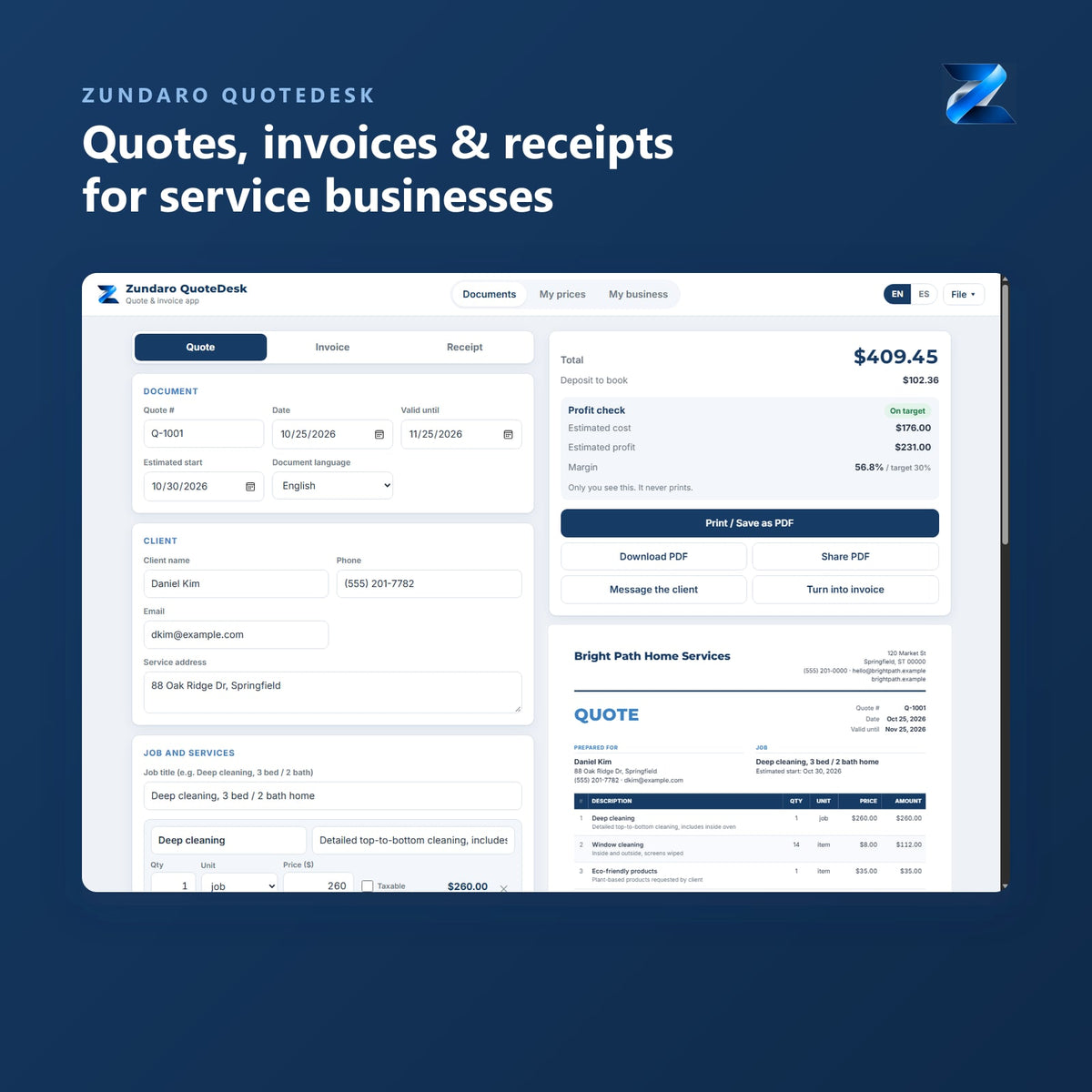 Zundaro QuoteDesk quote screen with client details, line items and profit check